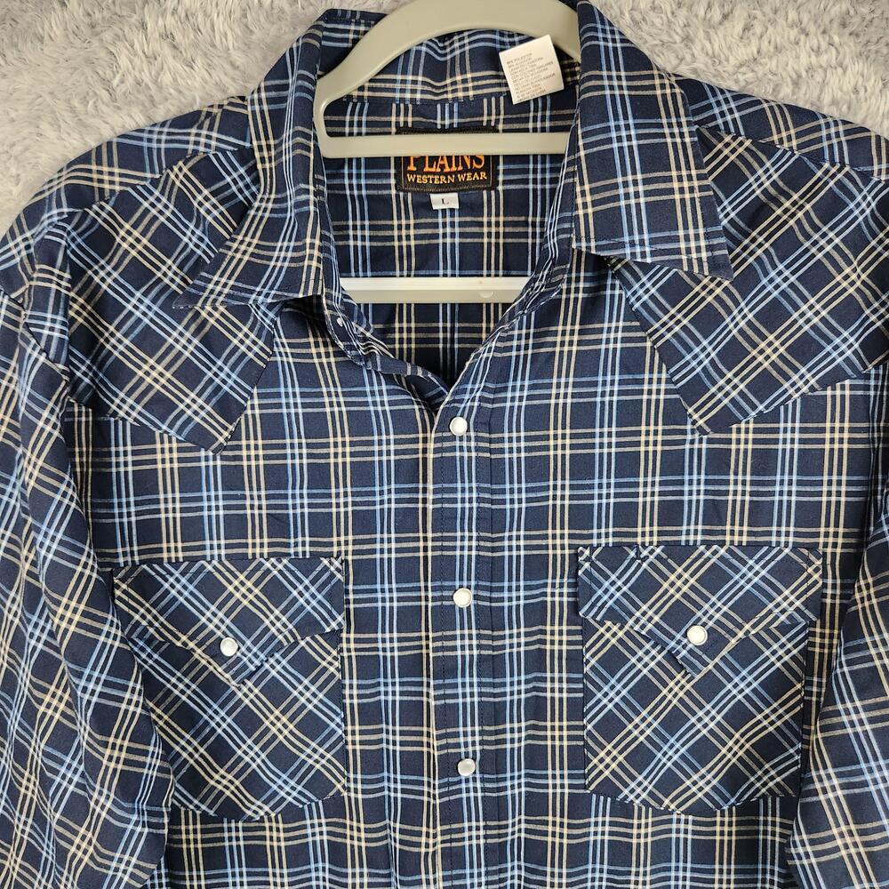 Plains Shirt Mens Large Blue Plaid Western Pearl Snap Long Sleeve Cowboy Rodeo